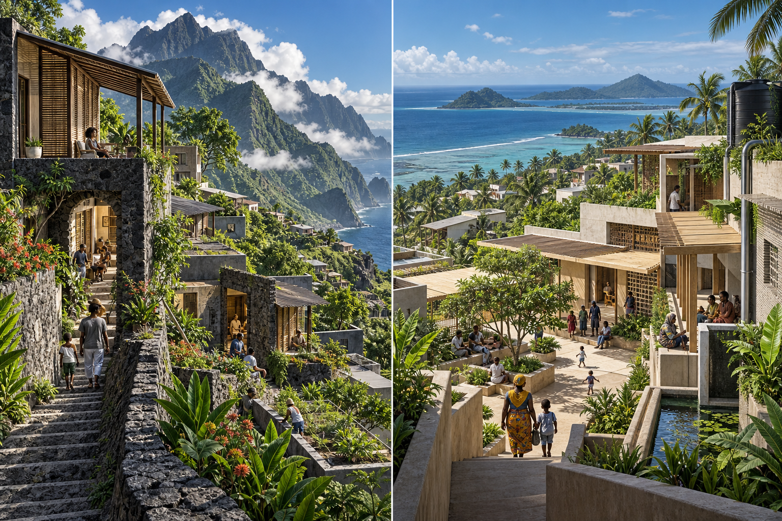Deux visions architecturales fictives de milieux insulaires tropicaux